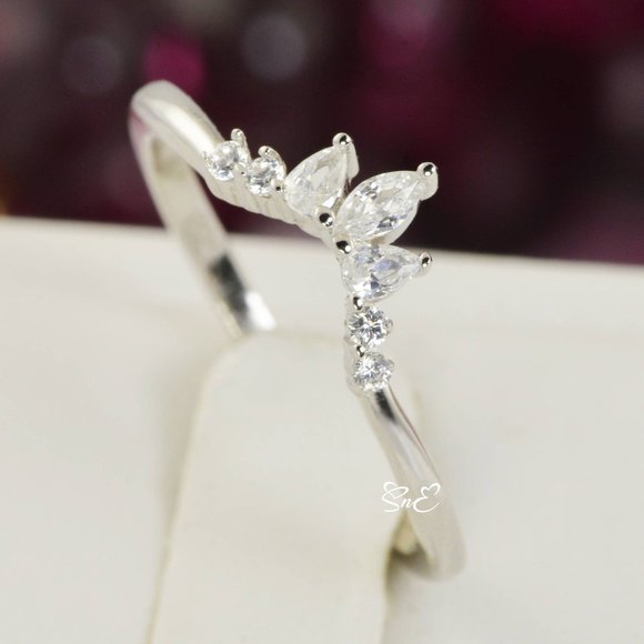 Round Marquis Diamond Enhancer Guard Ring 14K White Gold Crown Wedding Band - Picture 1 of 1